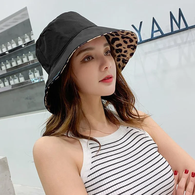 Leopard Reversible Bucket Hat Women Beach Panama Sun Hats Outdoor Wedding Party Summer Travel Caps Breathable Cotton