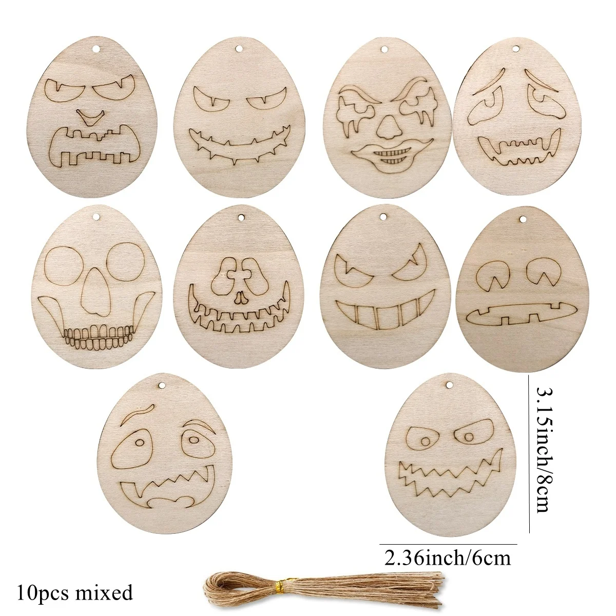 10Pcs Wooden Scary Hanging Crafts Egg Face Ornament For Happy Halloween Party Home Decorations Kids DIY Painting Gifts Supply