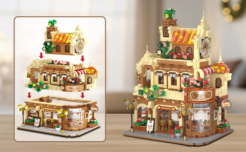 3-stöckiges Bäckerei-Café-Haus-Stadtbaukasten-Set mit LED-Beleuchtung, 1289 Teile, Kuchen- und Brotbäckerei-Raum für Erwachsene und Jugendliche – Detail 9
