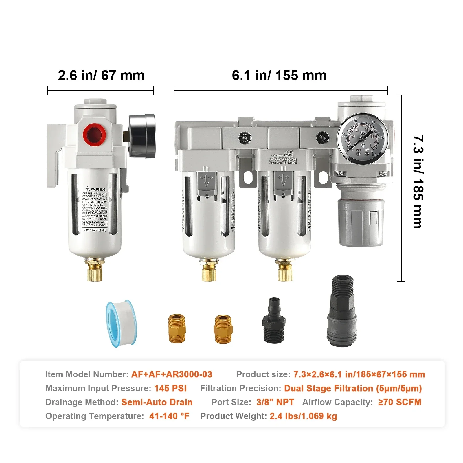 Filtre Et Séchoir D'air Pour Compresseur 3/8 NPT – Modèle AF3000-03, Détection De Pression, Dimensions Compactes