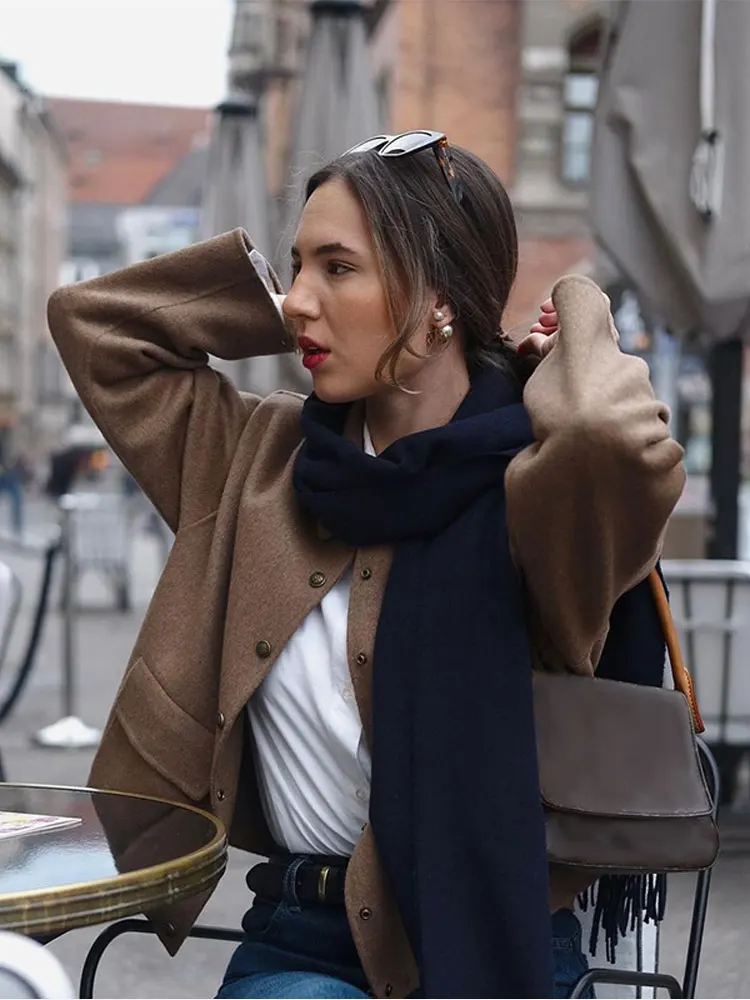 

Elegant Lapel Single-breasted Coat For Women Fashion Duoble Pockets Jackets 2023 Autumn Winter High Street Lady Outerwear