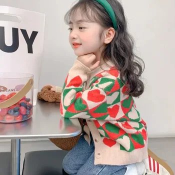 여아용 하트 패턴 코트, 캐주얼 스타일 스웨터, 새로운 소녀 용수철, 가을 아동복