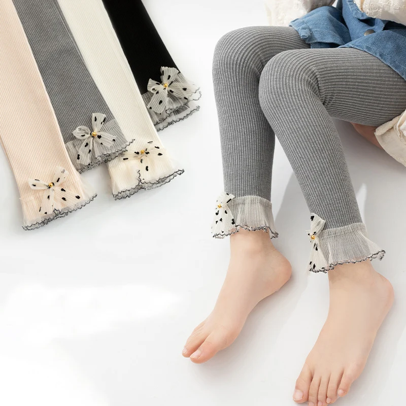 

Fashion Girls Kids Pants Children's Leggings Cotton Velvet Elastic Waist Warm Lace Bow Legging For 2-13 Years Girls Trousers