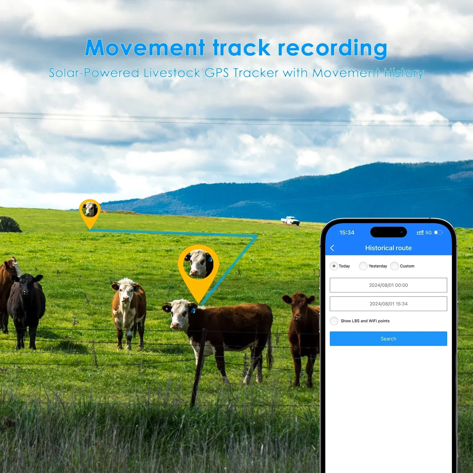 GPS Pet Locator Solar -Poweed Livestock GPS Tracker Readout 4G Anti-Lost Electronic Fence