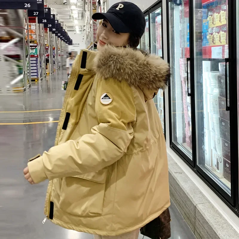 

Winter Casual Solid Down Cotton Fur Collar Loose Jacket For Women Long Sleeve Korean Hooded Warm Coats Pockets Workwear Outwear