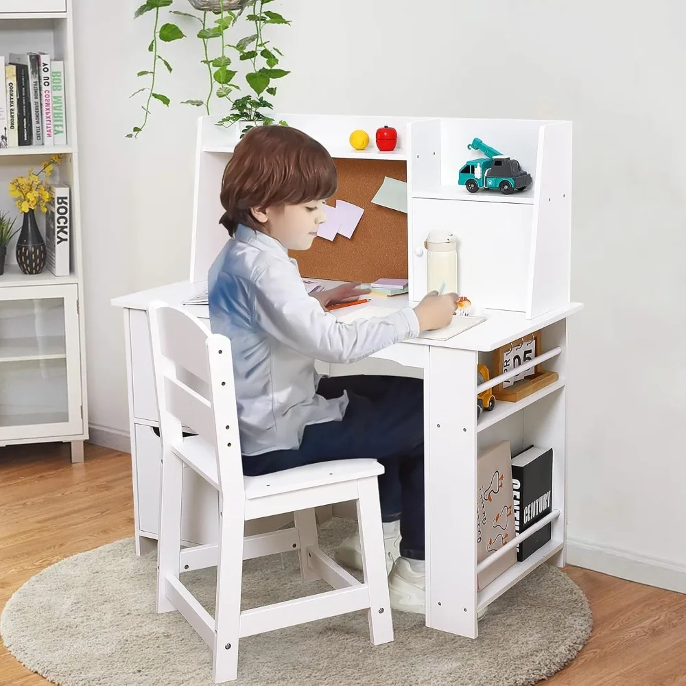 Kids Study Desk and Chair Set with Storage - White Learning Table with Bookshelf and Cabinets for Boys and Girls Ages 3-8 2