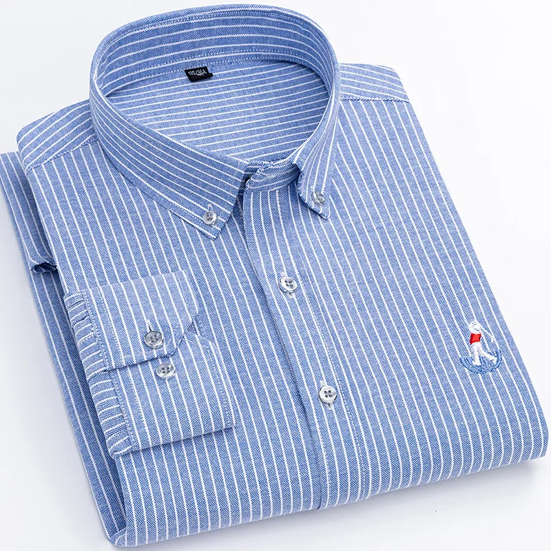 

Мужская рубашка из ткани «Оксфорд», Повседневная деловая рубашка из 100% хлопка, мягкая приталенная рубашка в полоску с вышивкой, одежда с длинными рукавами, 2023