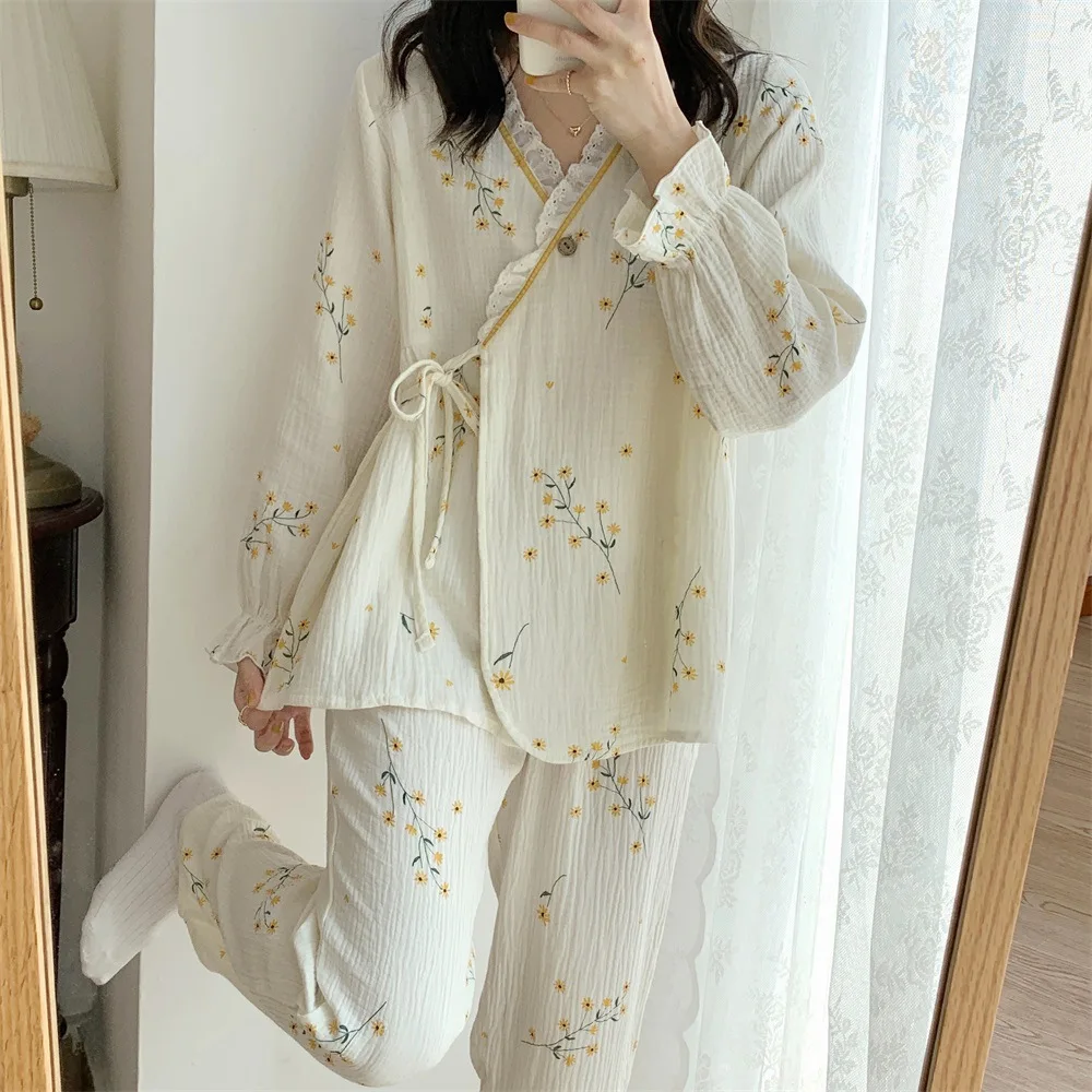 Fdfklak Pure Cotton Gauze Maternity Breastfeeding Nursing Clothing Spring Summer New Thin Breathable Floral Pajamas Suit