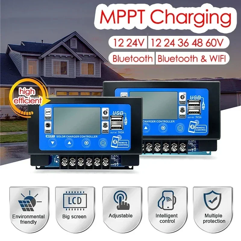 30A/60A Bluetooth WIFI Embedded Snap-on Energy Storage MPPT Controller Solar Panel Battery Smart Regulator 12V/24V LCD Display
