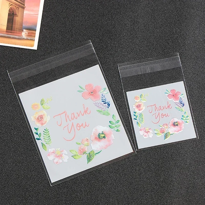 Self Adhesive Bags 100pcs/lot Plastic Bags Thank you Flower Self-Adhesive Bags for Homemade Cookie Party Gifts Bag DIY Jewelry Packaging Bag