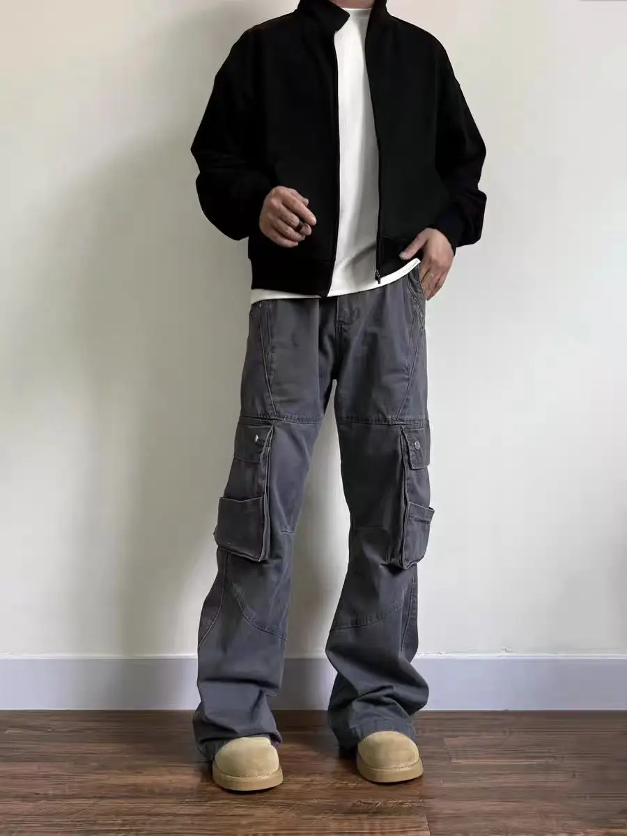 American Decosition Design Men's Work Pants with Multiple kets Straight Leg Bell Bot Waed Vintage Casual Trousers