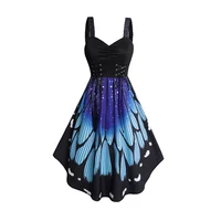 DRESSFO Women's Dress Butterfly Wings Print V Neck Lace Up Dress Ruched Bust Sleeveless Tank High Waist A-Line Dress 1