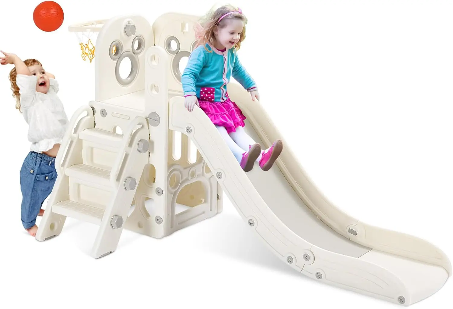 Kids Slide L-Shaped, 5 in 1 Slide Climber for Toddler, with Ball & Hoop,Storage Space and Non-Slip Steps,In/Outdoor Baby Playset 3