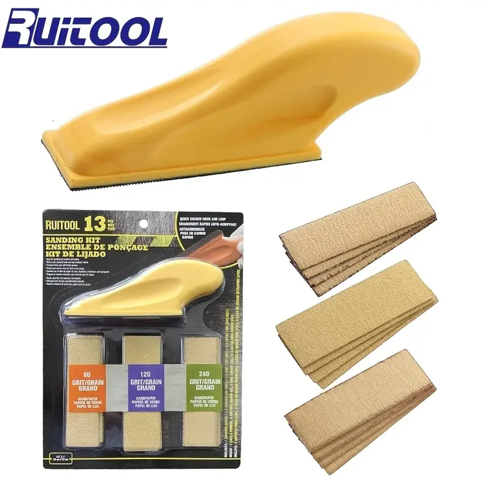 

13pcs Sanding Kits with Ergonomic Hand Block Aluminum Oxide Grit for Wood Metal Polishing Easy Sandpaper Replacement DIY Tool