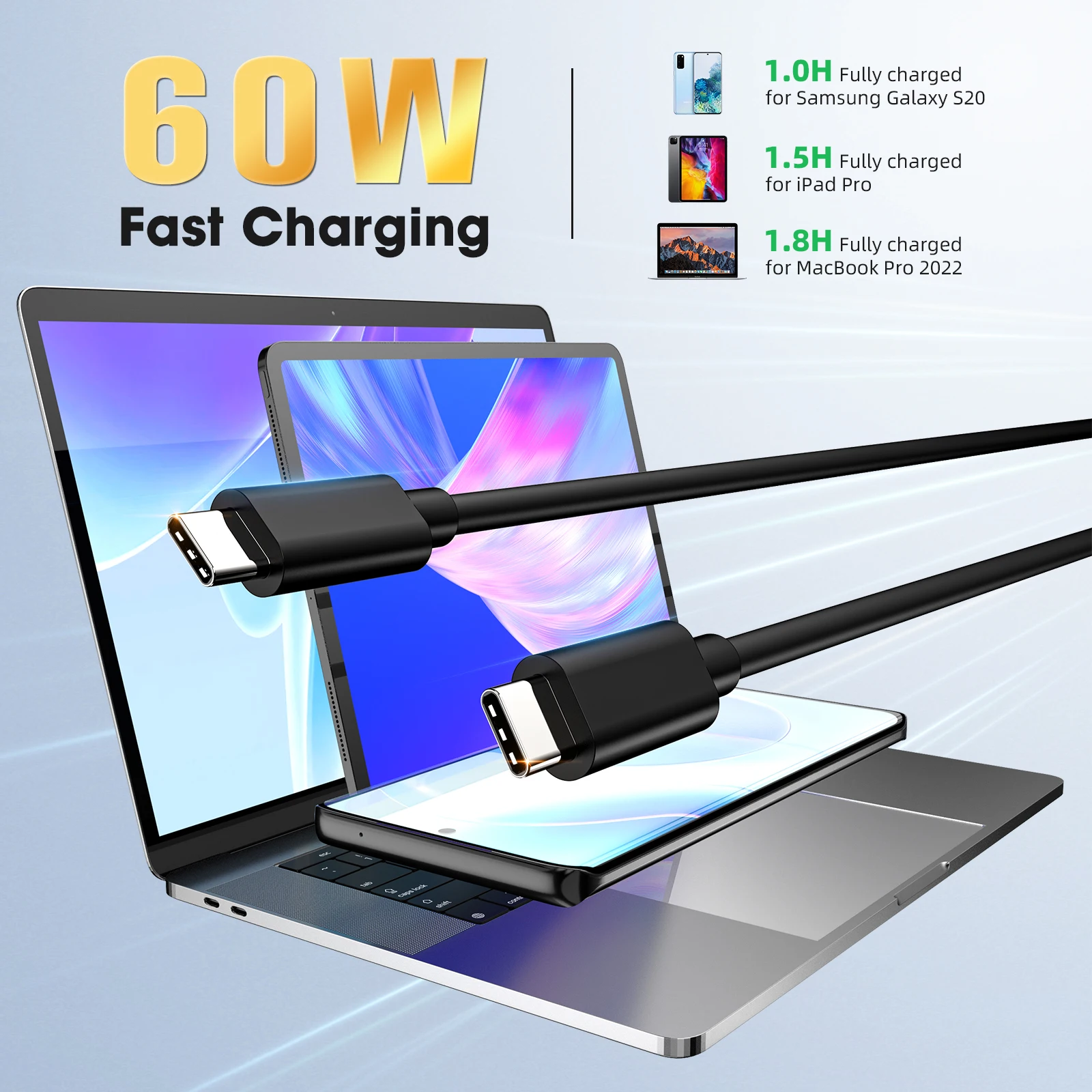 USB C 케이블 USB3.2 남성-남성 케이블 PD 60W 10Gbps 고속 충전 타입 C 코드 (맥북, 아이패드, PC, 노트북용)