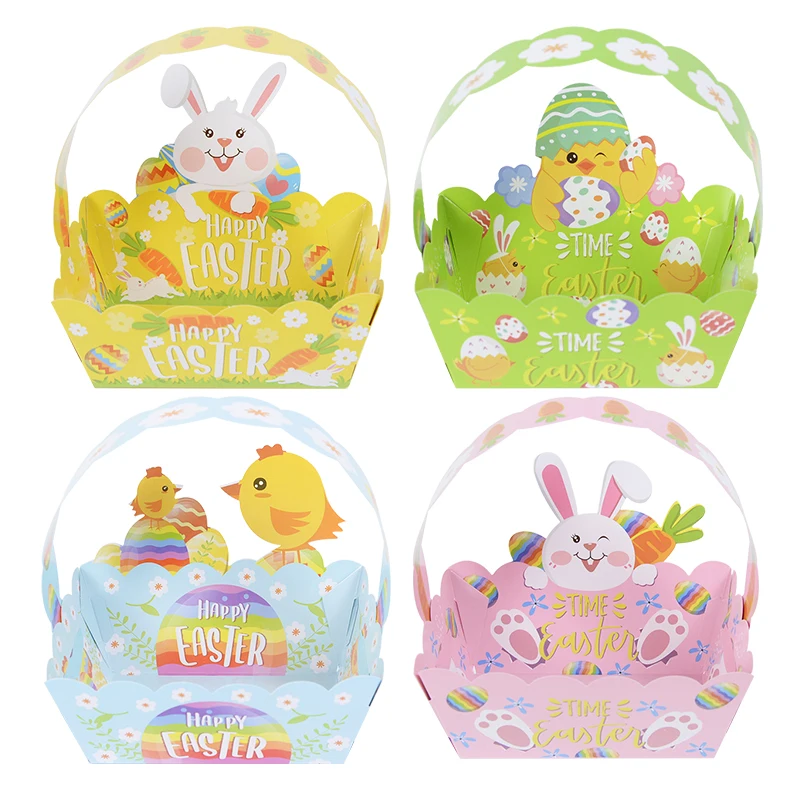

4pcs Easter Egg Basket Paper Handbag Cartoon Rabbit Chick Bunny Candy Gift Box Storage Basket Kids Favor Easter Party Decoration