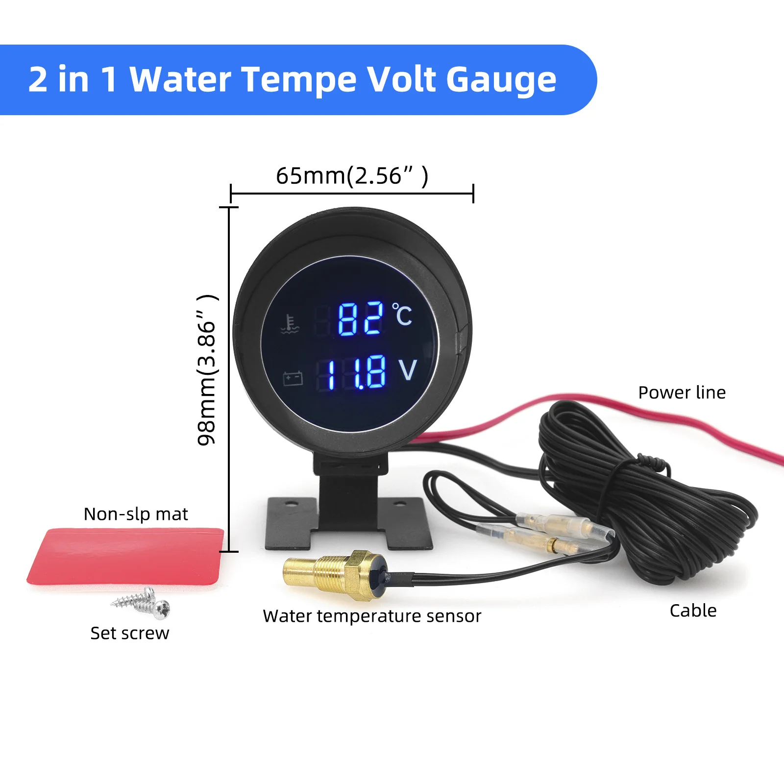 Water Temperature Gauge Automobile Gauge Universal 2 IN 1 Car Round LCD Digital Water Temperature Gauge Water Temp Joint Pipe Sensor 10MM Adapter Voltmeter 12V/24V