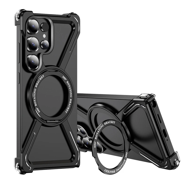 Premium Metal Magnetic Phone Case with 360° Rotating Bracket and Aluminum Alloy Frameless Shockproof Design