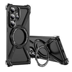 Premium Metal Magnetic Phone Case with 360° Rotating Bracket and Aluminum Alloy Frameless Shockproof Design - Galaxy S24 Ultra (Black)