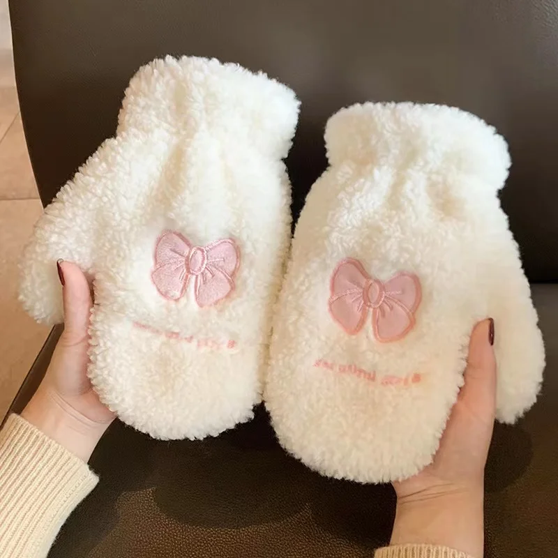 Women Cute Bow Gloves Plush Mittens Winter Warm Soft Plush Full Finger Fluffy Students Outdoor Riding Ski Gloves winter plush cat claw half finger gloves cute coral fleece warm cold proof flip over mittens outdoors riding fingerless gloves