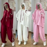 Costume musulman pour femmes, haut à capuche, pantalon à jambes larges, ensemble 2 pièces, sweat-shirt à capuche, tenues sportives à rayures, survêtement 1