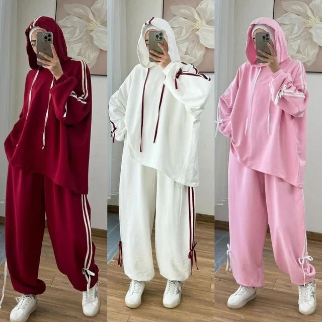 Costume musulman pour femmes, haut à capuche, pantalon à jambes larges, ensemble 2 pièces, sweat-shirt à capuche, tenues sportives à rayures, survêtement 1