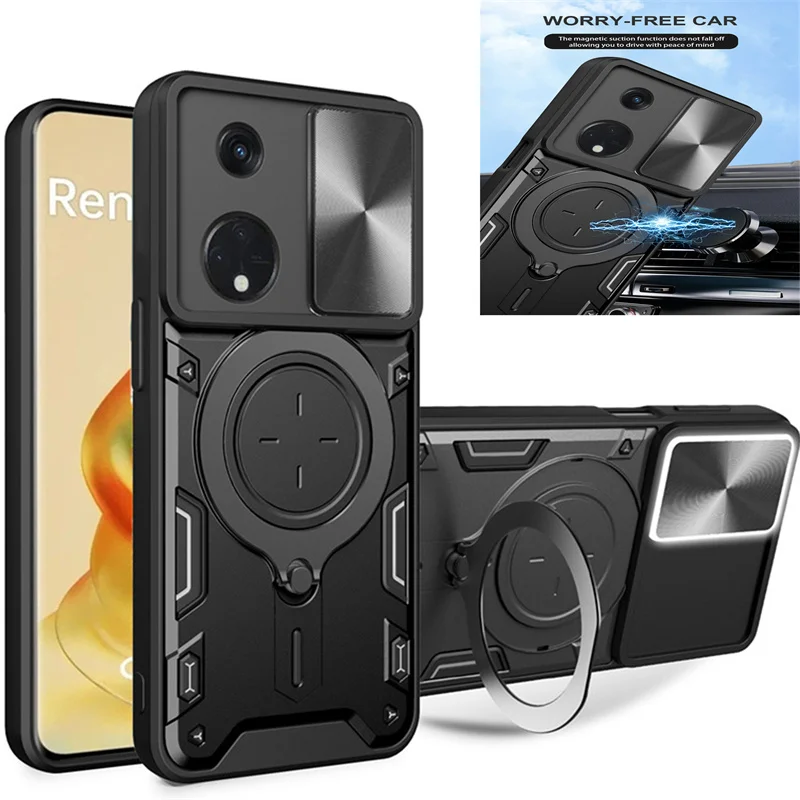 Luxury Magnetic Vehicle-Mounted 360 Rotat Metal Ring Kicstand Funda Per Oppo A98 A78 5G Cph2529 Case Slide Window Protect Lens