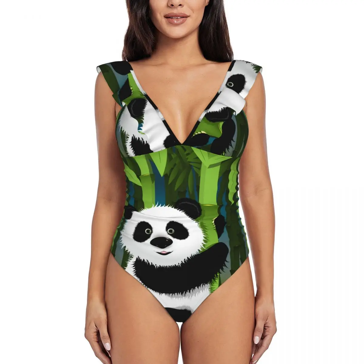 

Sexy One Piece Swimsuit 2024 Women Ruffled Swimwear Curious Panda Monokini Female Bodysuit Girl Beach Bathing Suit