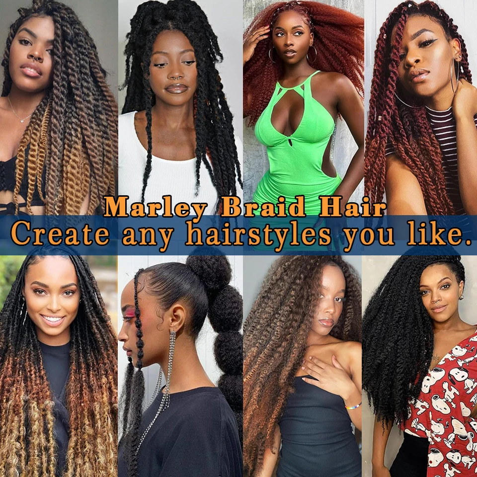 Marley Twist Braiding Hair Pre Stretched 1- 6 Packs Ombre Afro Kinky Curly Crochet Hair for Faux Locs Jumbo Marley Twists Hair 6