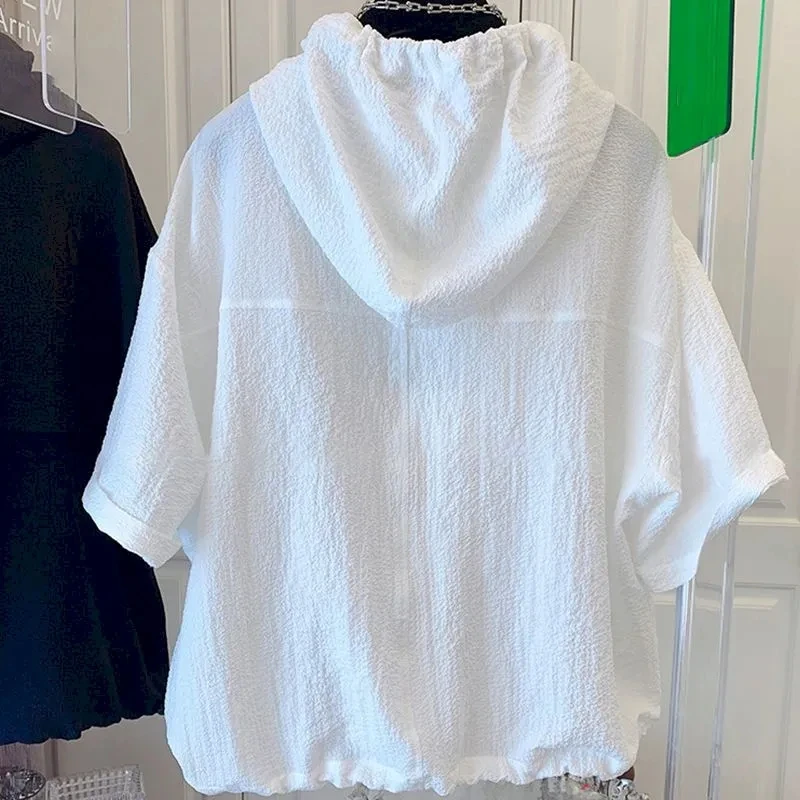 

L-4XL Oversized T-Shirts Women Summer Hooded Short Sleeve Top Tee Fashion Loose Thin Hooded Blouse Woman
