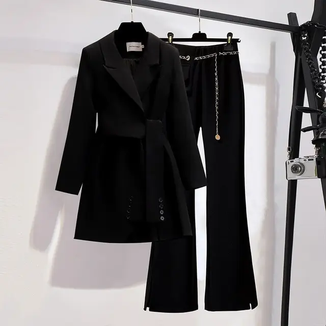 Spring new long sleeved trousers Lapel Leisure suit elegant button belt decorative women's coat pants two-piece set Black suit