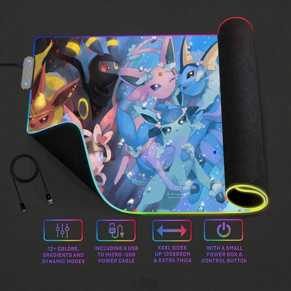 Cute E-eevees LED Light RGB Keyboard Cover Desk-mat Colorful Surface Multi-size World PC Gamer Luminous Mouse Pad 5