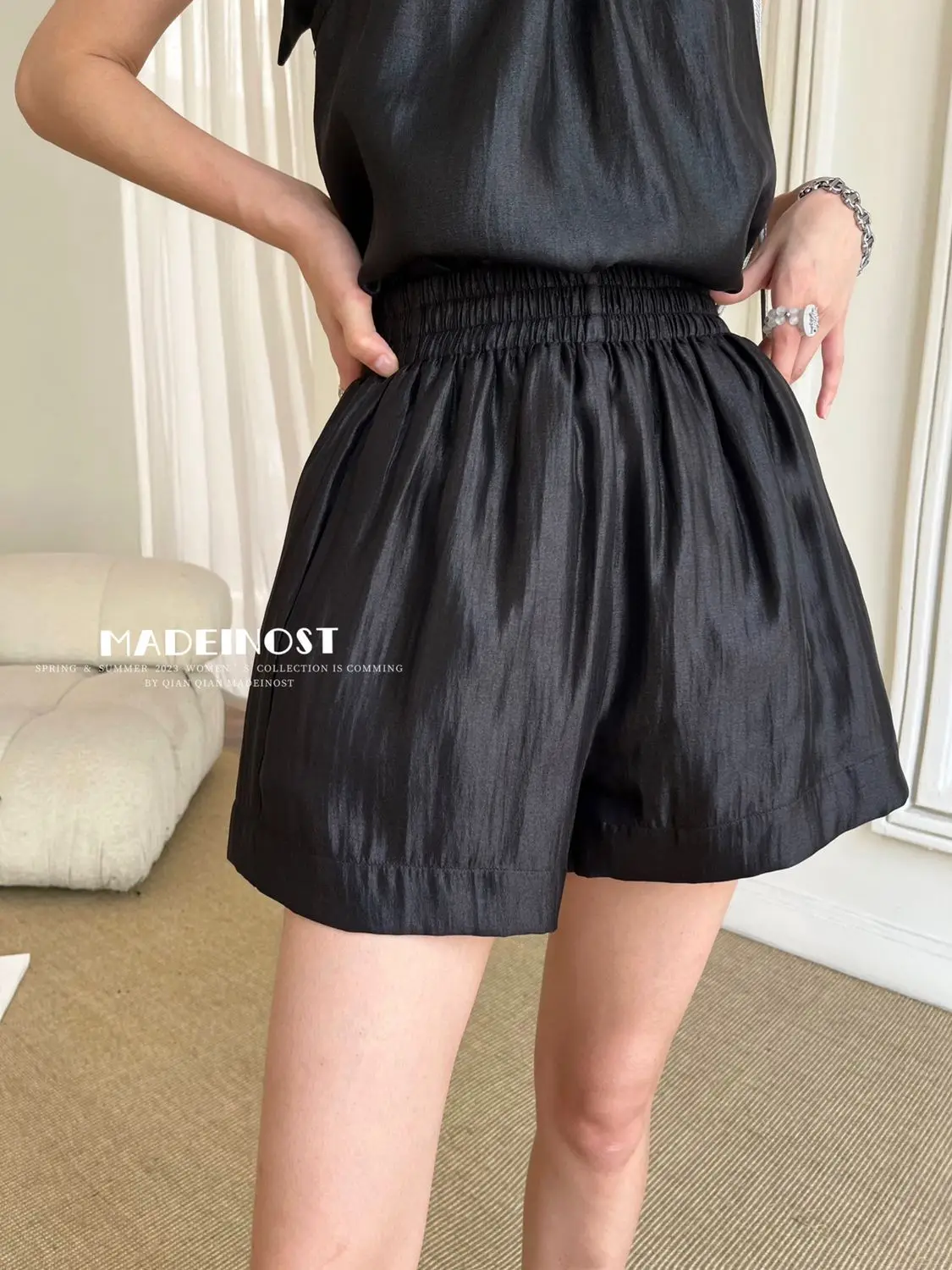 Fashion Elastic Waist Summer Pearlescence Women Thin Style All-match Temperament High Waist Solid Color Wide Legs Casual Shorts