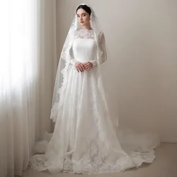 Luxury Lace Wedding Dress 2024 Long Sleeves Round Neck Sweep Train A Line Muslim Bridal Gown Robe De Mariee Bride Dresses