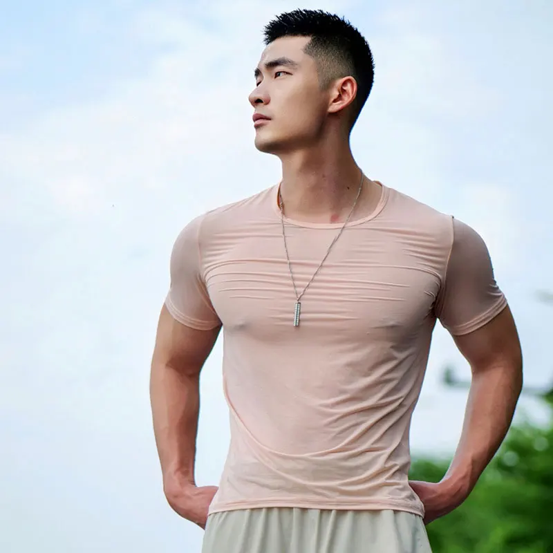 Man Workout Undershirt Ice Silk Solid Color T-Shirts Male Thin O-neck Short Sleeves Tank Top Quick Dry Breathable Pullover Shirt