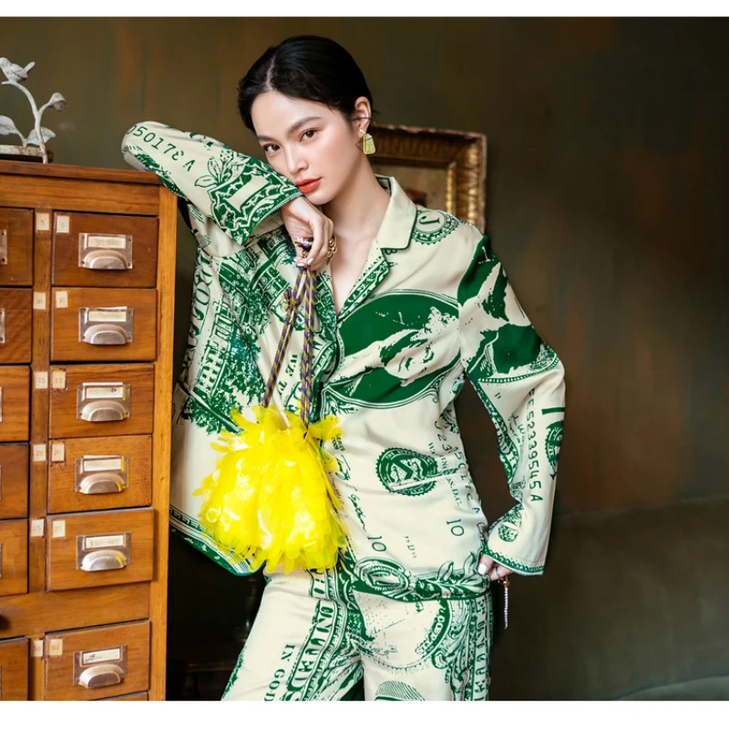 Silk Original Design Dollar Pajamas for Women Autumn Long Sleeve Thin Two Piece Homewear Leisure Tops Can Be Worn Outside Lovers