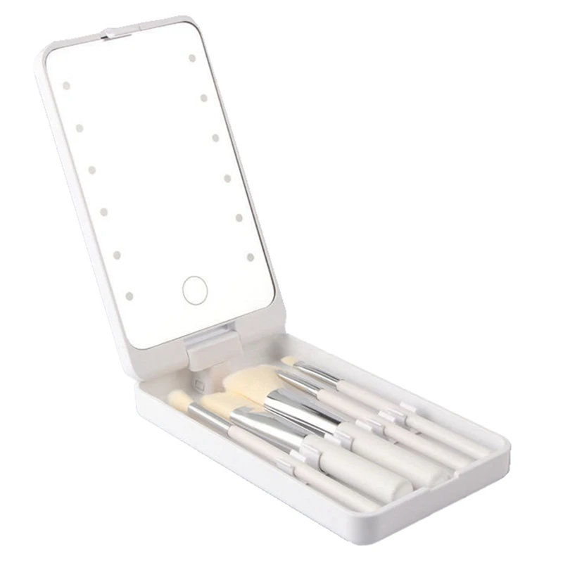 

Зеркальное портативное зеркало для макияжа с 5 кистями, контейнер для хранения, портативный контейнер для хранения на одно лицо, зеркало для макияжа