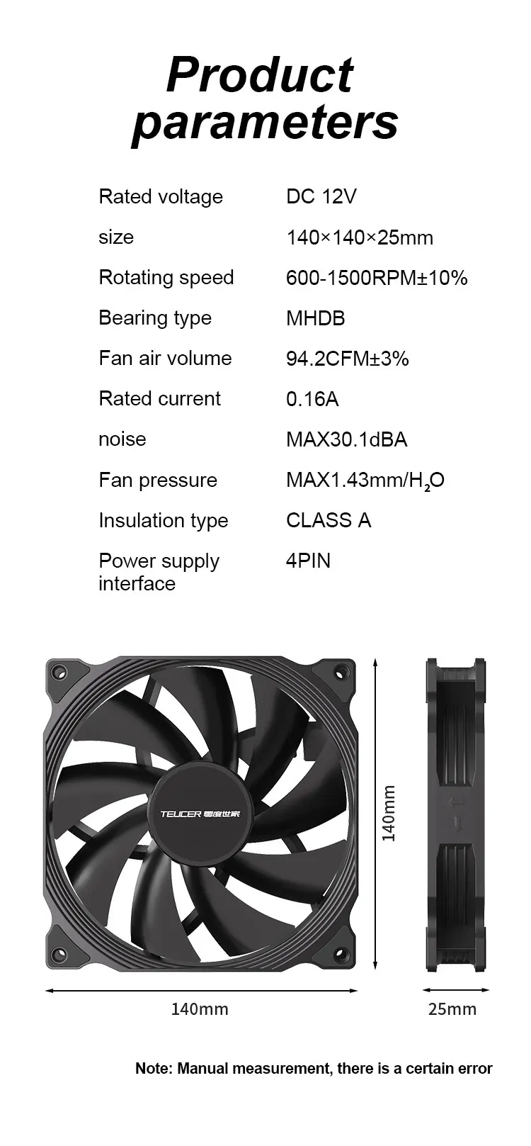 140mm 600-1500RPM High Performance Case Fan 4Pin PWM Intelligent Temperature Con