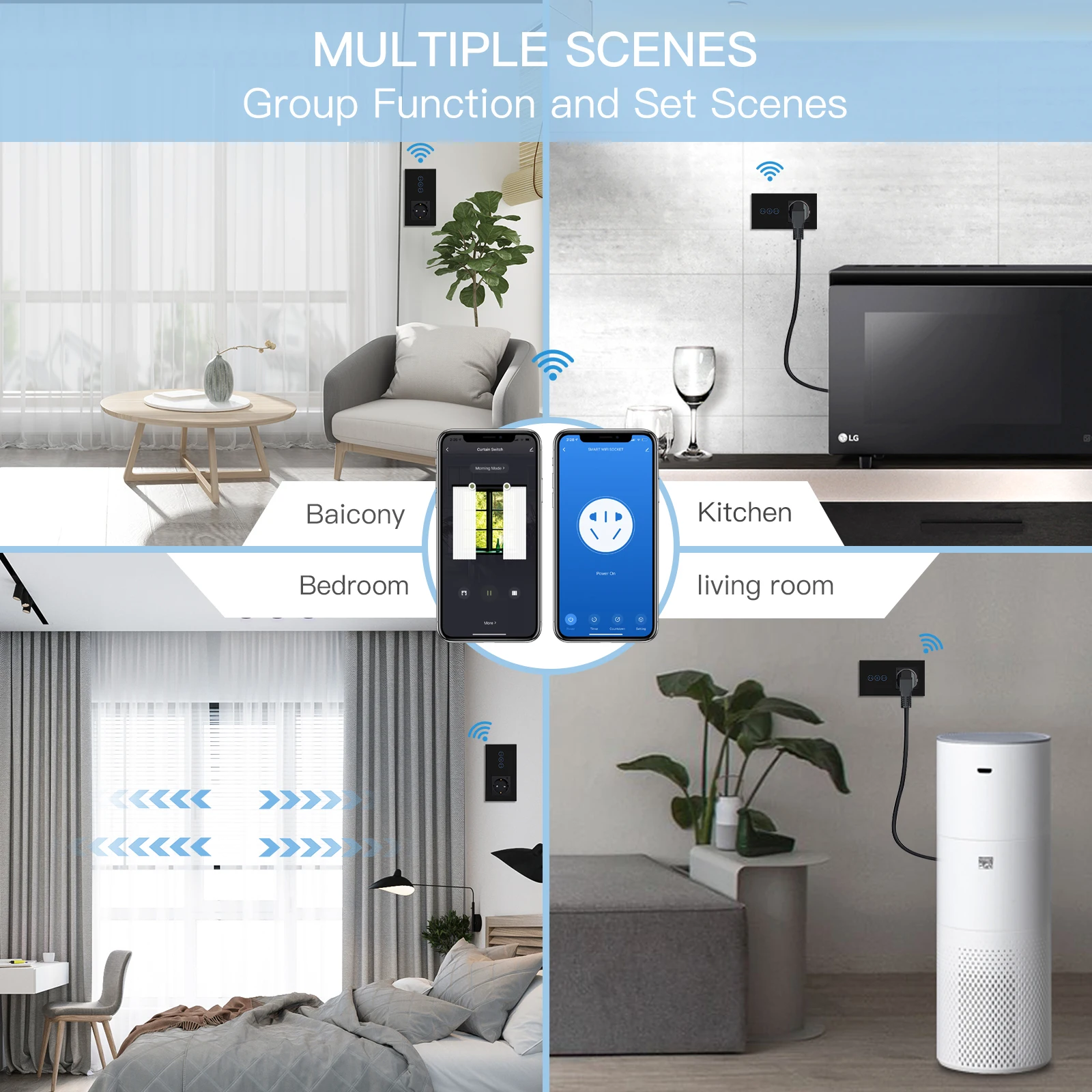 BSEED 와이파이 커튼 스위치, 스마트 터치 벽 스위치, EU 표준, 와이파이 소켓, 터치 스크린 스위치, 스마트 라이프, 투야 앱