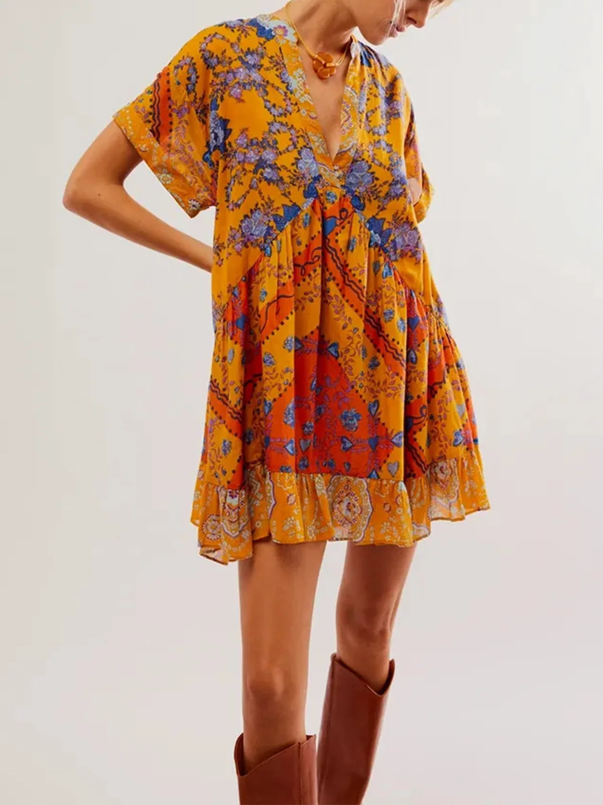 Color Vintage Print Mini Dresses Women Spring Summer New V-neck Short Sleeves Folds Loose Irregular Short Dress Fashion Vestidos