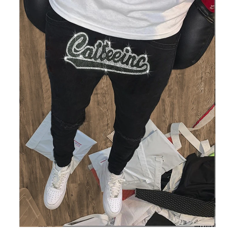 Mens Clothing Black Stretchy Ripped Y2k Jeans Skinny Trend Hot Drilling Punk Moto Bike Trousers Fashion Man Denim Pencil Pants