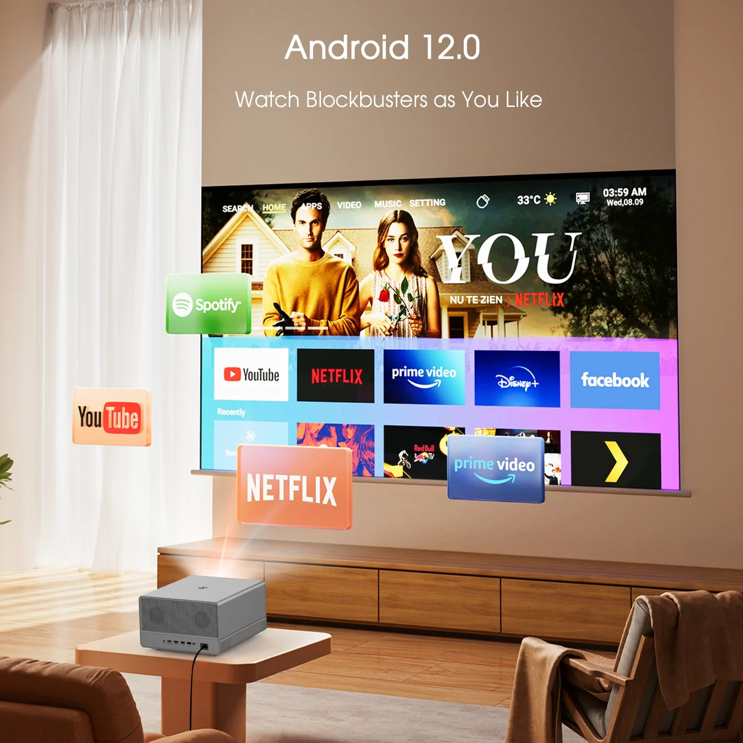 ApexTPU1 네이티브 4K (3840x2160) 스마트 프로젝터 800 ANSI 루멘, 자동 초점 및 키스톤 보정, 안드로이드 TV, HDR10 지원