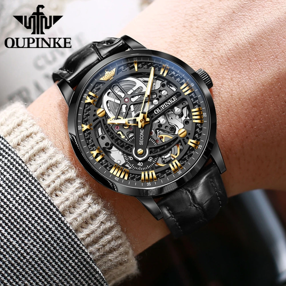 OUPINKE 3173 Swiss Brand Automatic Mechanical Watch For Men Skeleton Flywheel Luxury Man Watches 50M Waterproof Dress Hand Clock