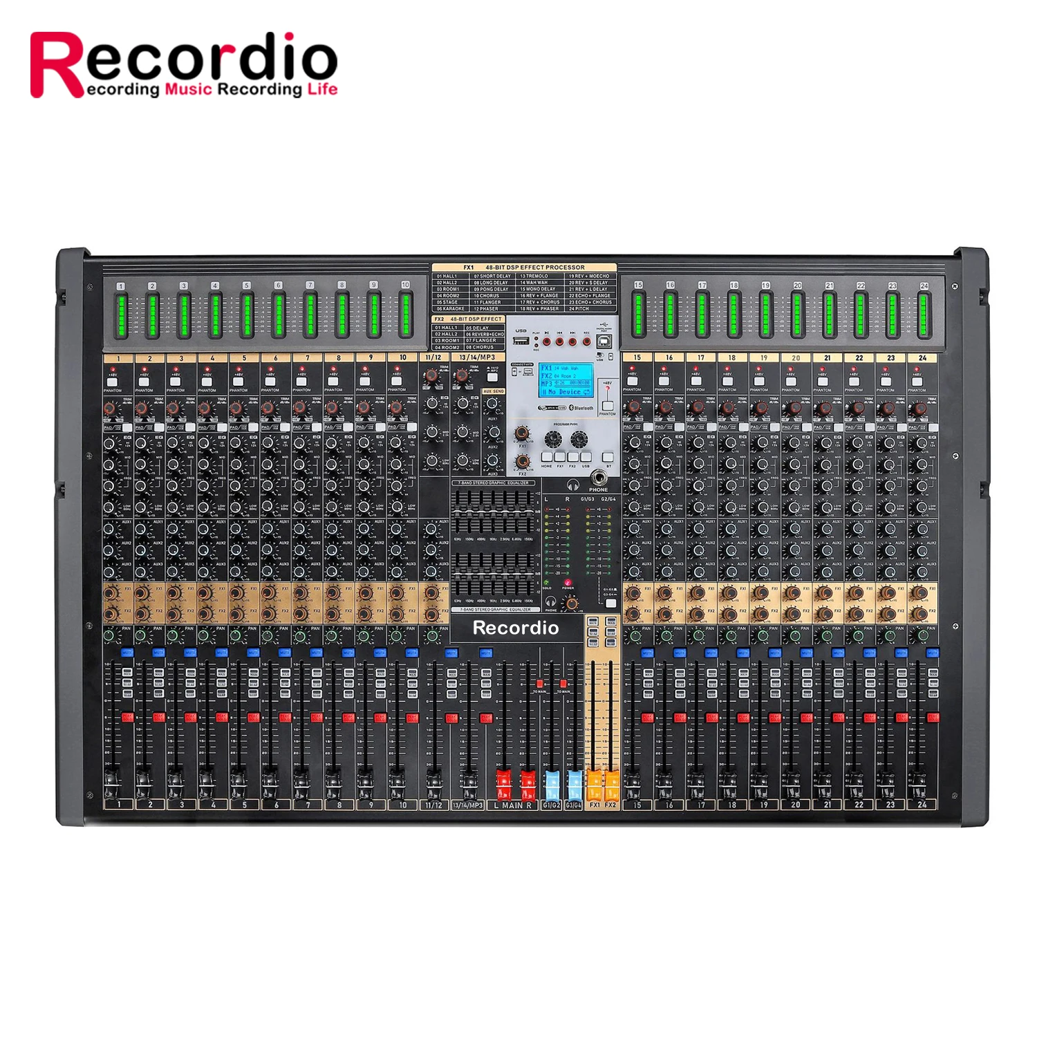 

GAX-TFB24 двойные DSP-эффекторы и двойные 7 полос регулировки EQ смешивающая консоль 48 В мощность 2 стерео 4 группы выходов Aux Soundcard