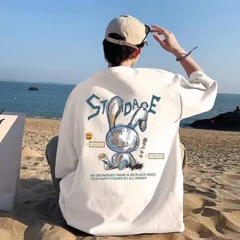 8XL hombres de gran tamaño moda coreana suelta americana marioneta de amor estampado de conejo manga corta cuello redondo versátil tendencia pareja traje 1