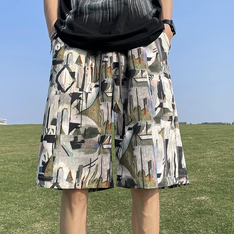 Summer Beach Short Pants Drawstring Elastic Waist Print Cool Short Trousers Baggy Street Trend Breathable Sweatpants