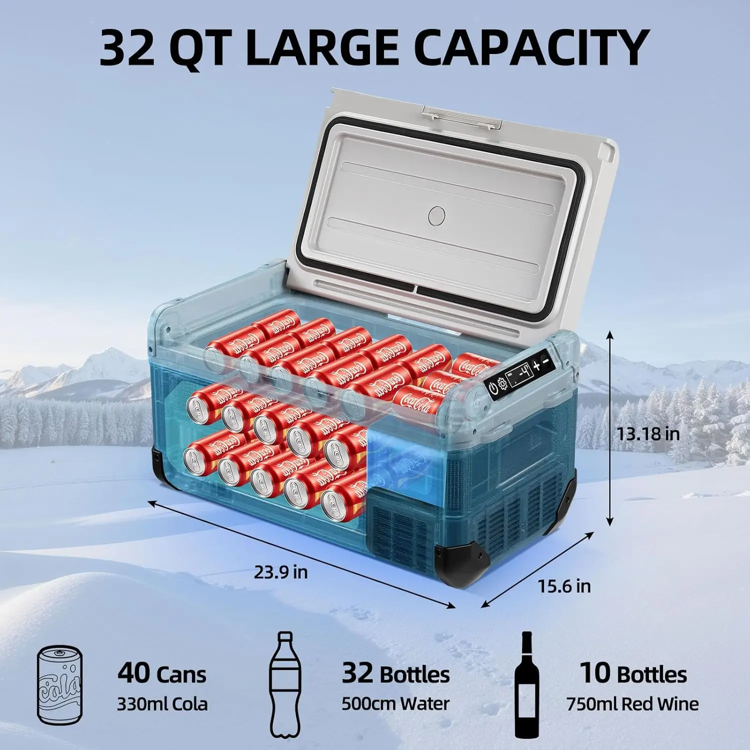 12V Vehicle Refrigerator, 32-Quart Portable Fridge and Freezer with Expandable Evaporator, Temperature Range from -4°F to 68°F,