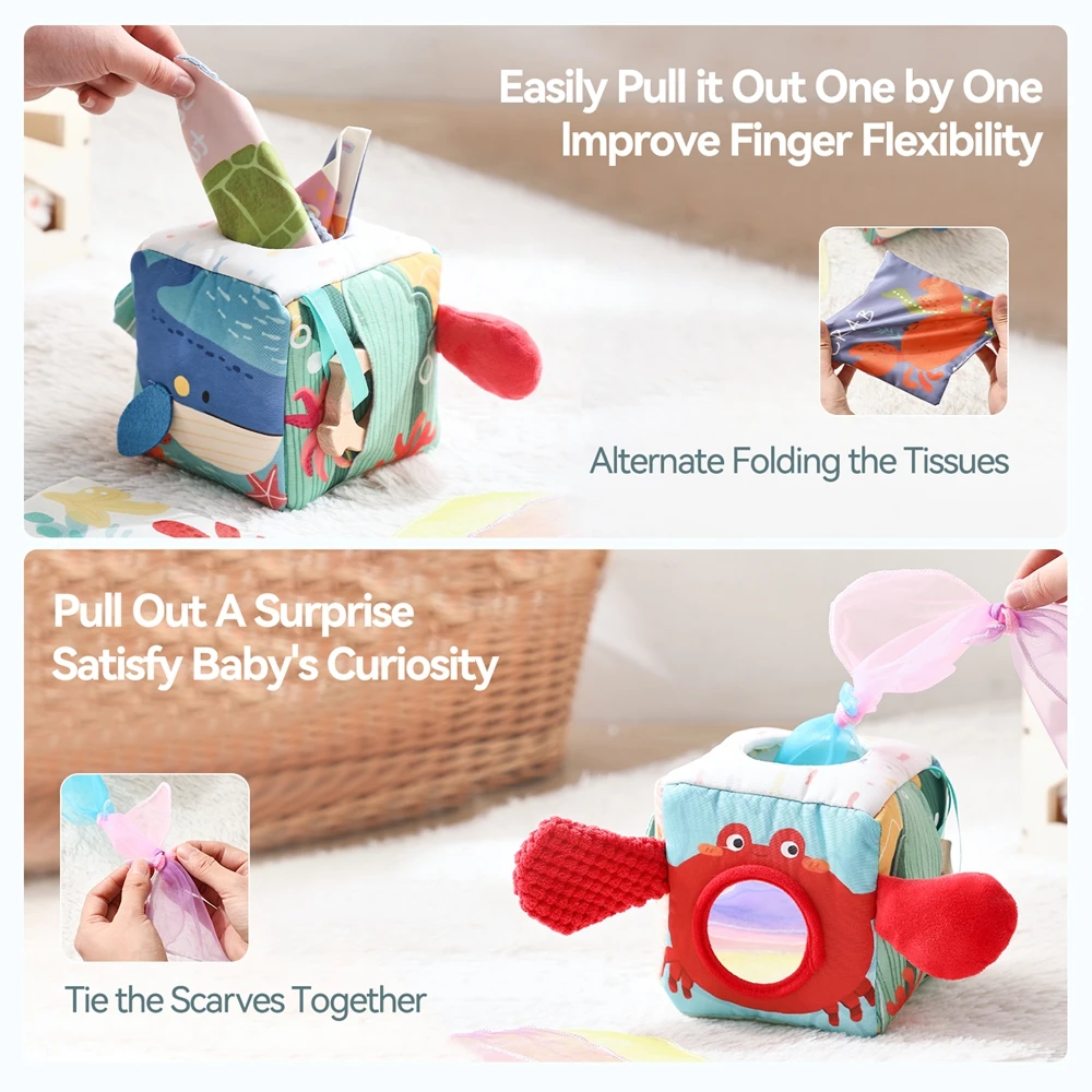 Baby Montessori Spielzeug Baumwolle Magie Tissue Box Finger Ausübung Beschäftigt Brettspiel Pädagogisches Spielzeug Weiche Rassel Spiel Ozean Tuch Buch – Detail 1