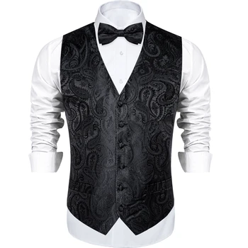 Men's Black Solid Paisley Suit Vest with Necktie Bow Tie Handkerchief Cufflinks Formal Waistcoat for Wedding Prom Tuxedo 2