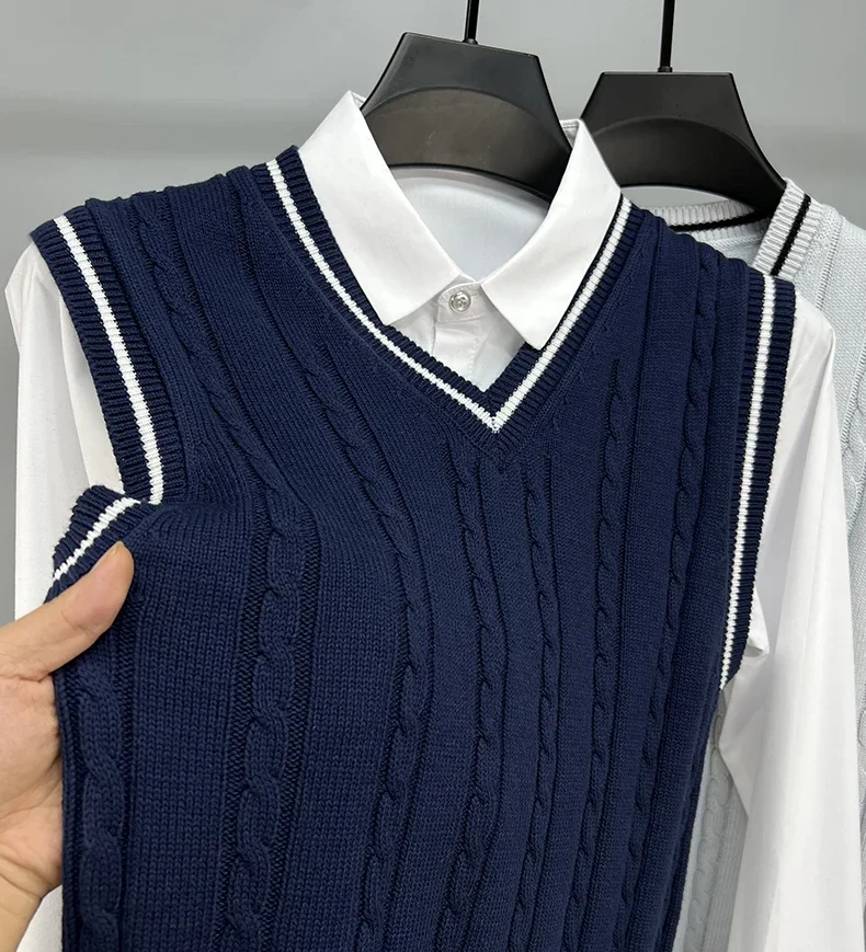 Men Spring Autumn New Solid Color Knit Vest Mens Fashion Casual Sweater Waistcoat Male Slim Pullover Sleeveless Tops K479